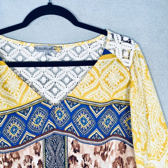 Figueroa Flower Top Womens S Yellow Stretch Leopard Print Blouse - Picture 4 of 12